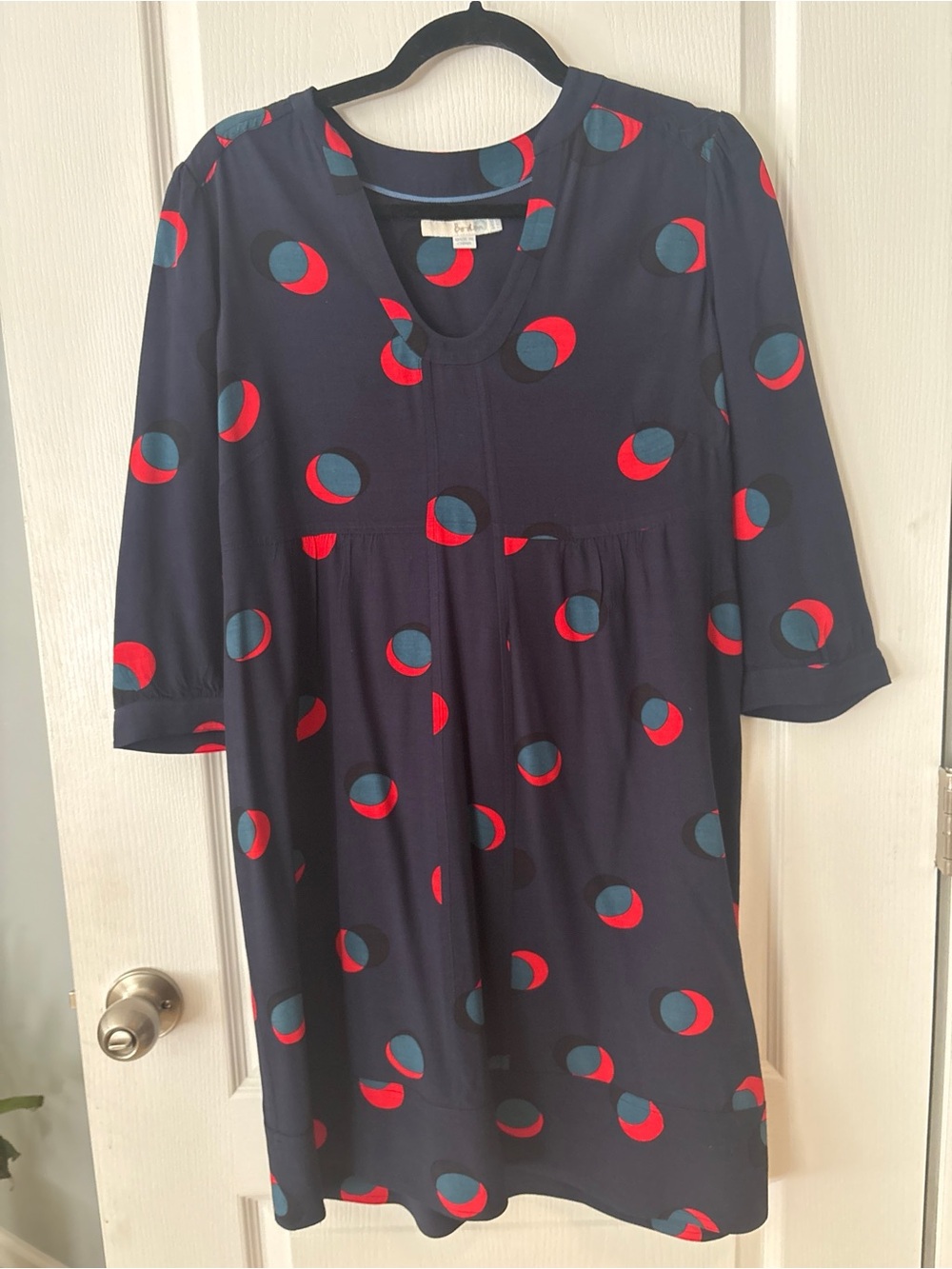 Boden Navy Midi Dress with Red & Teal Dot Print